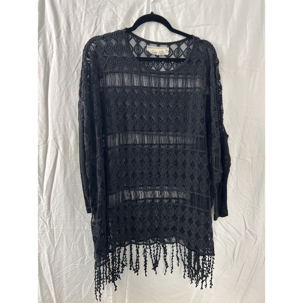 Anthropology A'Reve Black Sweater Fringe Sheer‎ Size S Boho Hippie Festival Rave